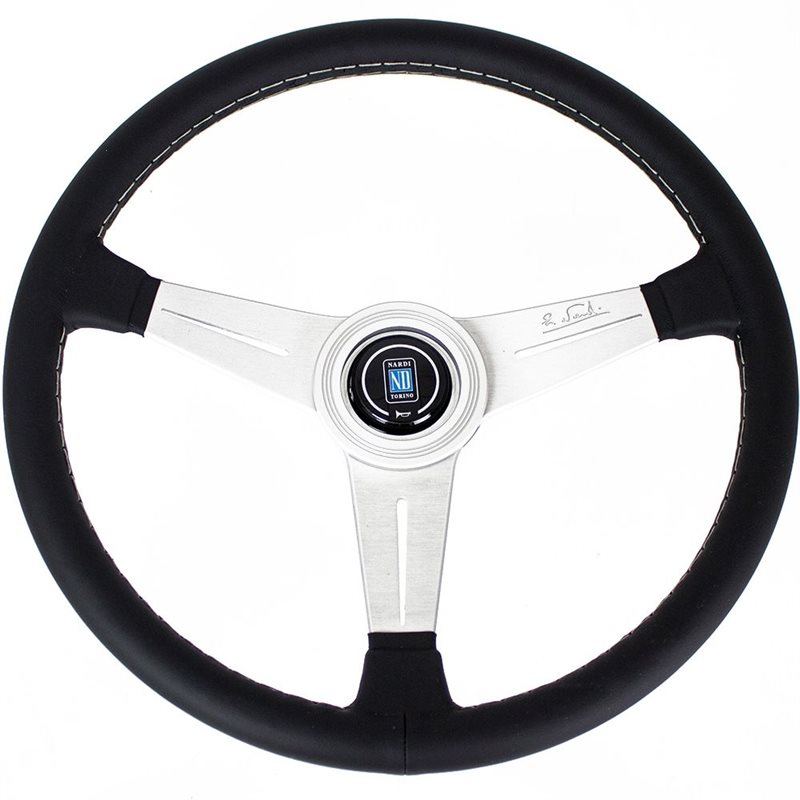 Volant Nardi Classic ND39 Cuir Noir, Branches Alu, Coutures Grises, Tulipé 30 mm