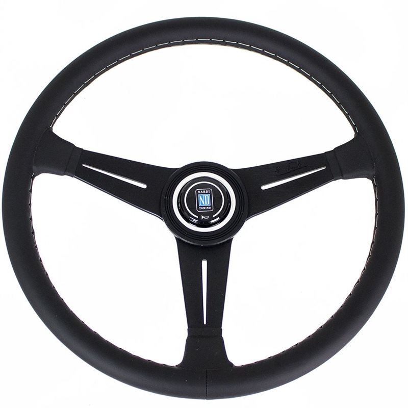 Volant Nardi Classic ND39 Cuir Noir, Branches Noires, Coutures Grises, Tulipé 30 mm