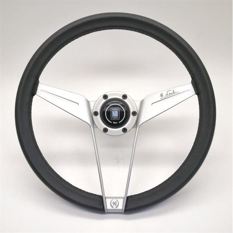 Volant Nardi Novantesimo, Cuir Noir, Branches Blanches, Ø35 cm, Bague Blanche avec Vis Apparentes