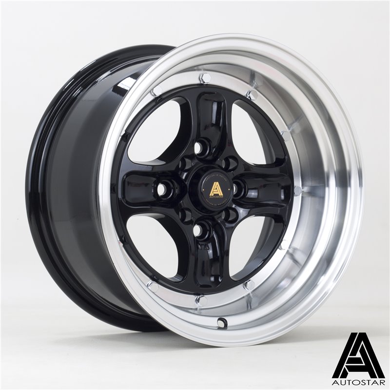 Autostar Classic 15x8" 4x100/114.3 ET0, Noir Brillant, Rebord Poli