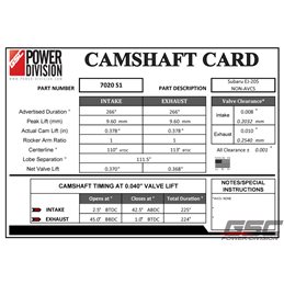 Arbres à Cames Stage 1 GSC POWER DIVISION GT/STI 1999-2000 WRX 2001-2005