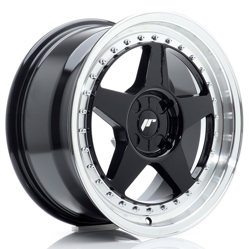 Japan Racing JR-6 17x8" (4 trous - sur mesure) ET20-35, Noir Brillant, Rebord Poli