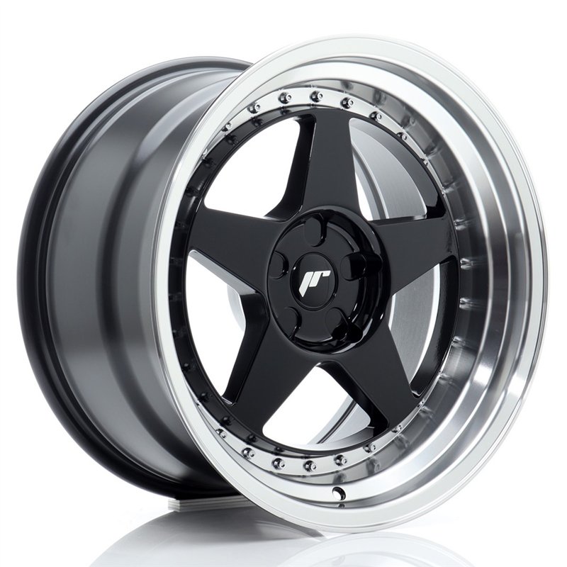 Japan Racing JR-6 18x10" (5 trous - sur mesure) ET0-25, Noir Brillant, Rebord Poli