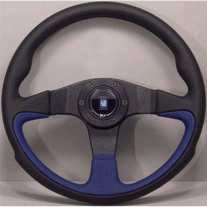 Volant Nardi Challenge, Cuir Bleu, Branches Noires, Coutures Noires, Tulipé 45mm, Ø35 cm