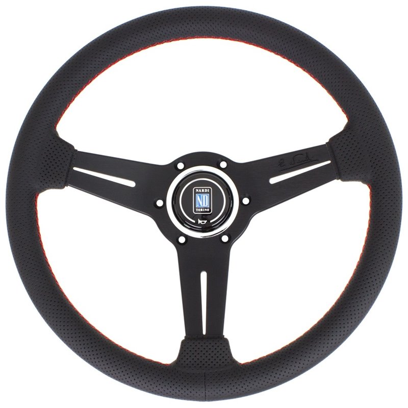 Volant Nardi Classic ND33, Cuir Noir Perforé, Branches Noires, Coutures Rouges, Tulipé 40mm, Ø33 cm