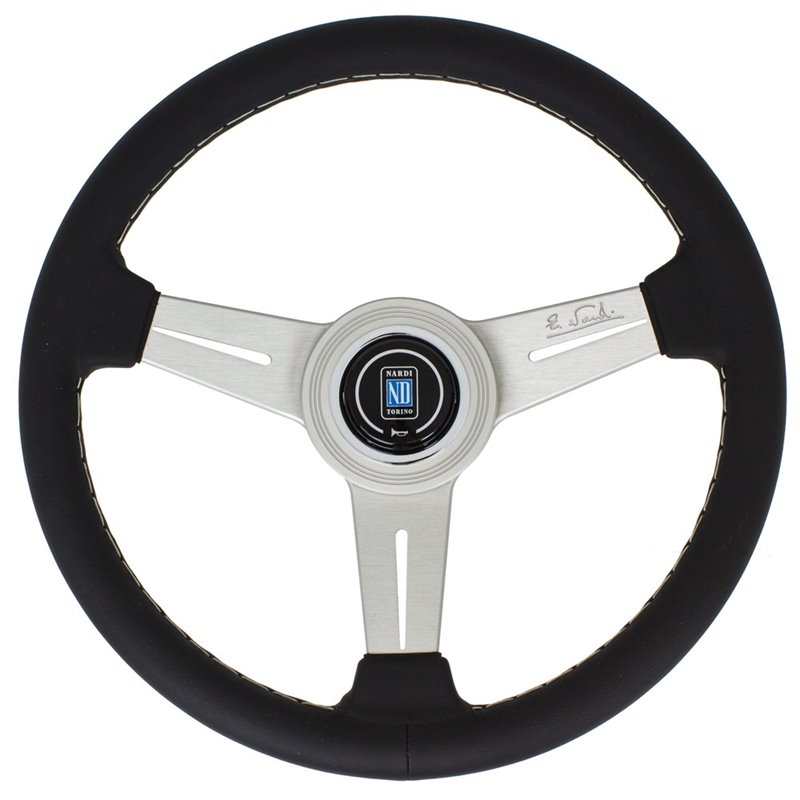Volant Nardi Classic ND33, Cuir Noir, Branches Alu, Coutures Grises, Tulipé 40mm, Ø33 cm