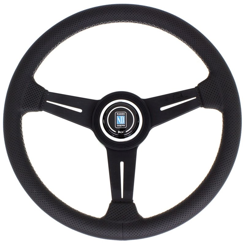 Volant Nardi Classic ND34, Cuir Noir Perforé, Branches Noires, Coutures Grises, Tulipé 40mm, Ø34 cm