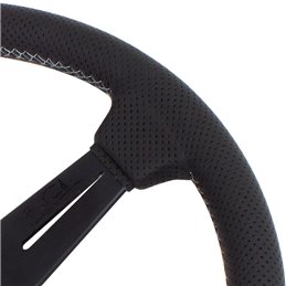 Volant Nardi Classic ND34, Cuir Noir Perforé, Branches Noires, Coutures Grises, Tulipé 40mm, Ø34 cm