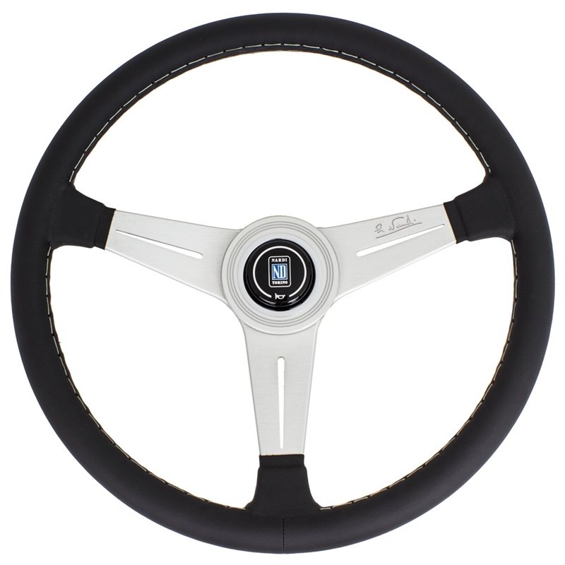 Volant Nardi Classic ND34, Cuir Noir, Branches Alu, Coutures Grises, Tulipé 40mm, Ø34 cm