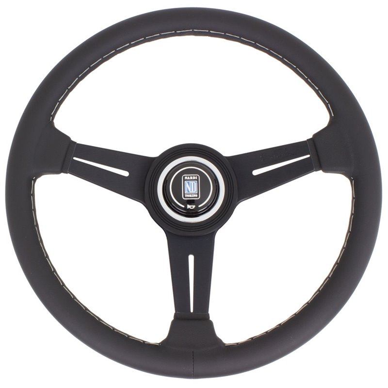 Volant Nardi Classic ND34, Cuir Noir, Branches Noires, Coutures Grises, Tulipé 40mm, Ø34 cm