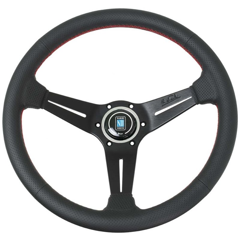 Volant Nardi Classic ND36, Cuir Noir Perforé, Branches Noires, Coutures Rouges, Tulipé 40mm, Ø36 cm