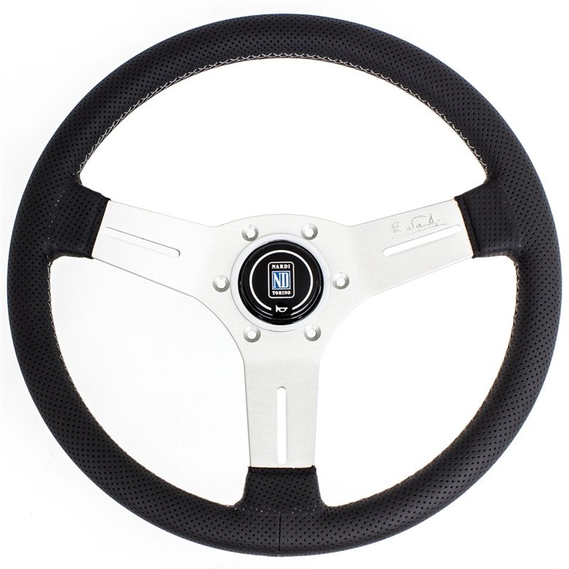 Volant Nardi Competition, Cuir Noir Perforé, Branches Alu, Coutures Grises, Tulipé 40mm, Ø33 cm