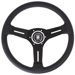 Volant Nardi Competition, Cuir Noir Perforé, Branches Noires, Coutures Grises, Tulipé 40mm, Ø33 cm