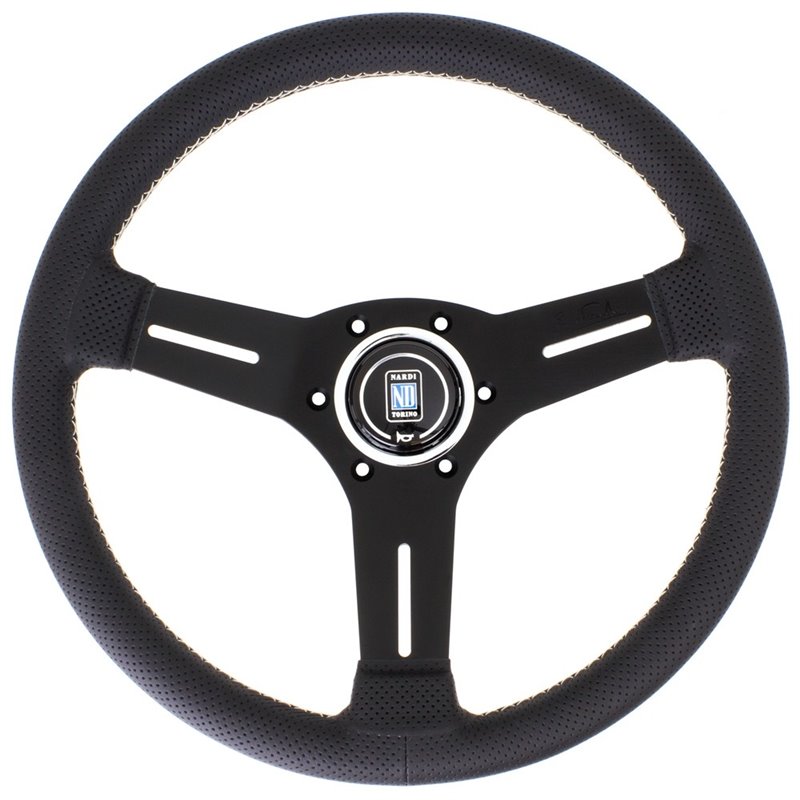 Volant Nardi Competition, Cuir Noir Perforé, Branches Noires, Coutures Grises, Tulipé 40mm, Ø33 cm