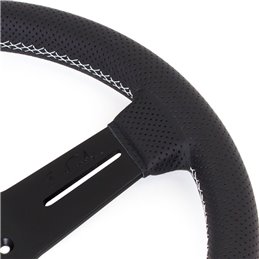 Volant Nardi Competition, Cuir Noir Perforé, Branches Noires, Coutures Grises, Tulipé 40mm, Ø33 cm