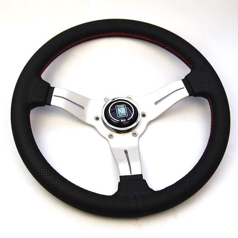 Nardi Deep Corn Steering Wheel, Black Perforated Leather, Satin Spokes, Red Stitching, 50 mm, Ø33 cm Dish, cm