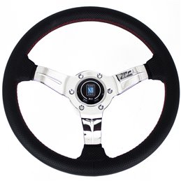 Volant Nardi Deep Corn, Cuir Noir Perforé, Branches Chromées, Coutures Rouges, Tulipé 50mm, Ø33 cm