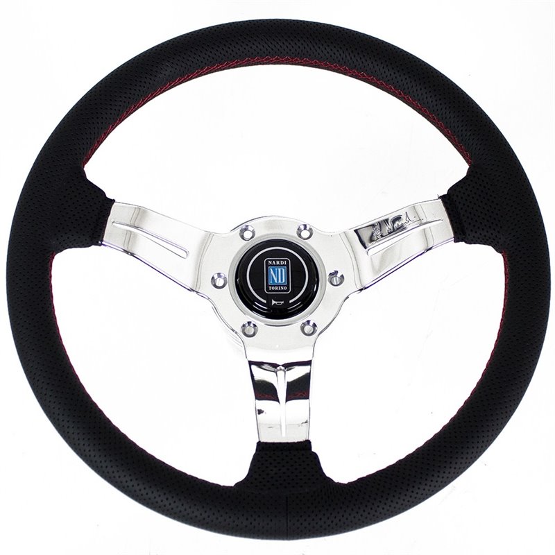 Volant Nardi Deep Corn, Cuir Noir Perforé, Branches Chromées, Coutures Rouges, Tulipé 50mm, Ø33 cm