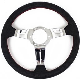 Volant Nardi Deep Corn, Cuir Noir Perforé, Branches Chromées, Coutures Rouges, Tulipé 50mm, Ø33 cm