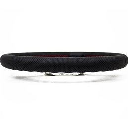 Volant Nardi Deep Corn, Cuir Noir Perforé, Branches Chromées, Coutures Rouges, Tulipé 50mm, Ø33 cm
