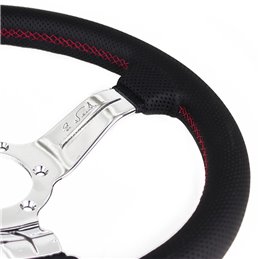 Volant Nardi Deep Corn, Cuir Noir Perforé, Branches Chromées, Coutures Rouges, Tulipé 50mm, Ø33 cm
