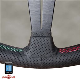 Volant Nardi Deep Corn, Cuir Noir Perforé, Branches Noires, Coutures Italia Segmentées, Tulipé 50mm, Ø33 cm