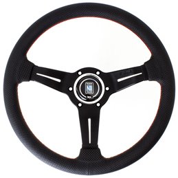 Volant Nardi Deep Corn, Cuir Noir Perforé, Branches Noires, Coutures Rouges, Tulipé 50mm, Ø33 cm