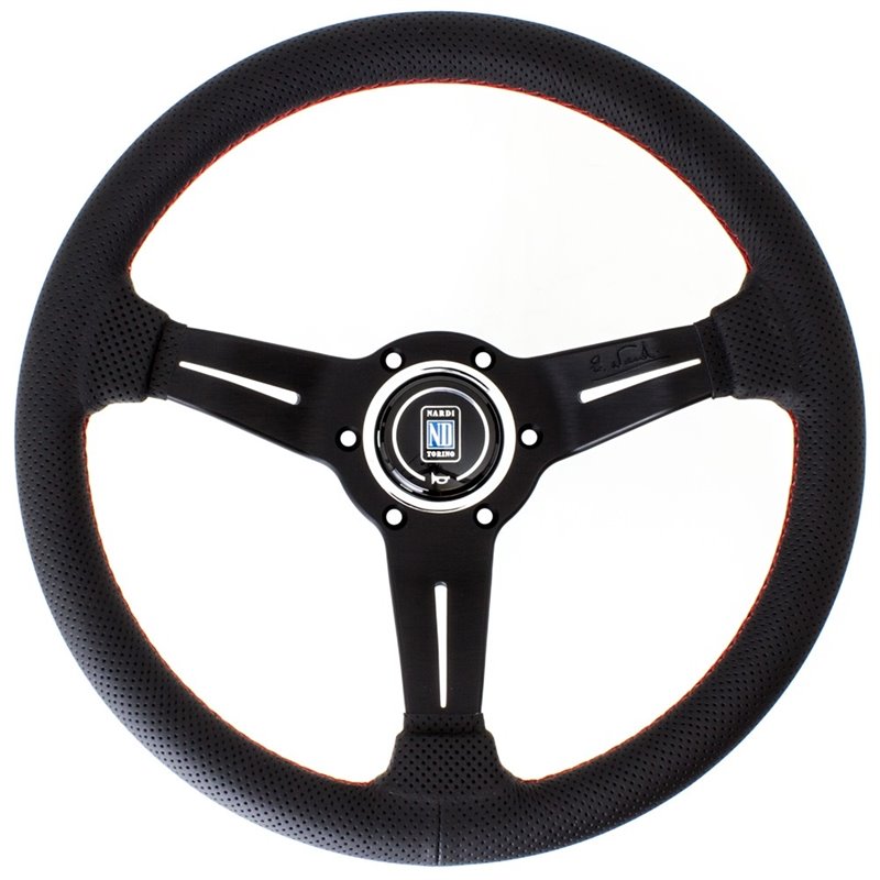 Volant Nardi Deep Corn, Cuir Noir Perforé, Branches Noires, Coutures Rouges, Tulipé 50mm, Ø33 cm