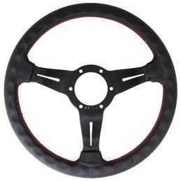 Volant Nardi Deep Corn, Cuir Noir Perforé, Branches Noires, Coutures Rouges, Tulipé 50mm, Ø33 cm