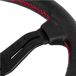 Volant Nardi Deep Corn, Cuir Noir Perforé, Branches Noires, Coutures Rouges, Tulipé 50mm, Ø33 cm