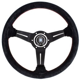 Volant Nardi Deep Corn, Cuir Noir Retourné, Branches Noires, Coutures Rouges, Tulipé 50mm, Ø33 cm