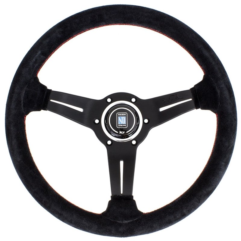 Volant Nardi Deep Corn, Cuir Noir Retourné, Branches Noires, Coutures Rouges, Tulipé 50mm, Ø33 cm
