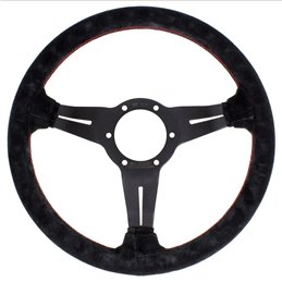 Volant Nardi Deep Corn, Cuir Noir Retourné, Branches Noires, Coutures Rouges, Tulipé 50mm, Ø33 cm