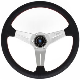 Volant Nardi Deep Corn, Cuir Noir Perforé, Branches Alu, Coutures Rouges, Tulipé 75mm, Ø35 cm