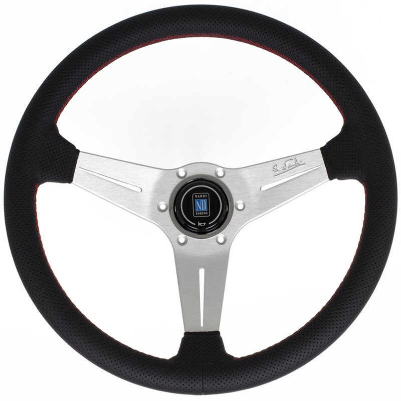 Volant Nardi Deep Corn, Cuir Noir Perforé, Branches Alu, Coutures Rouges, Tulipé 75mm, Ø35 cm