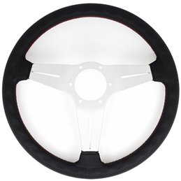 Volant Nardi Deep Corn, Cuir Noir Perforé, Branches Alu, Coutures Rouges, Tulipé 75mm, Ø35 cm