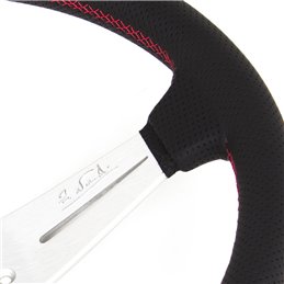 Volant Nardi Deep Corn, Cuir Noir Perforé, Branches Alu, Coutures Rouges, Tulipé 75mm, Ø35 cm