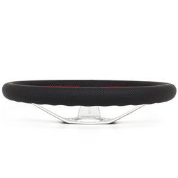 Volant Nardi Deep Corn, Cuir Noir Perforé, Branches Alu, Coutures Rouges, Tulipé 75mm, Ø35 cm