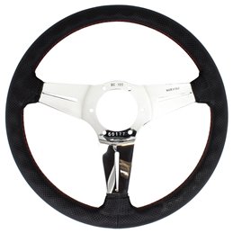 Volant Nardi Deep Corn, Cuir Noir Perforé, Branches Chromées, Coutures Rouges, Tulipé 75mm, Ø35 cm