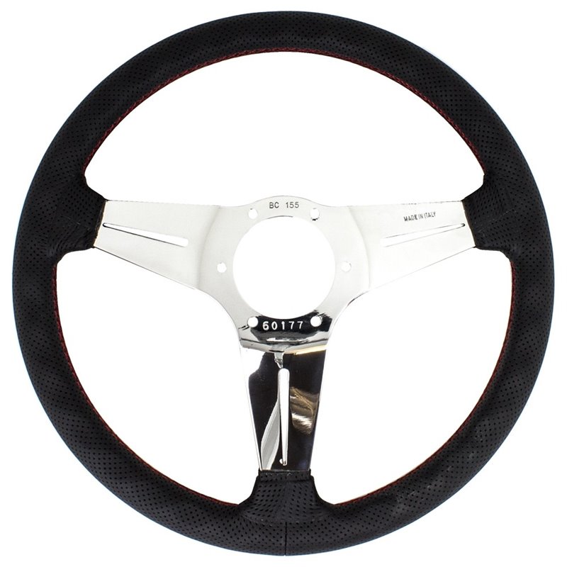 Volant Nardi Deep Corn, Cuir Noir Perforé, Branches Chromées, Coutures Rouges, Tulipé 75mm, Ø35 cm