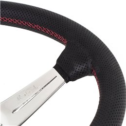 Volant Nardi Deep Corn, Cuir Noir Perforé, Branches Chromées, Coutures Rouges, Tulipé 75mm, Ø35 cm