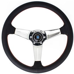 Volant Nardi Deep Corn, Cuir Noir Perforé, Branches Chromées, Coutures Rouges, Tulipé 75mm, Ø35 cm