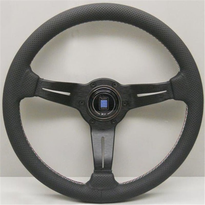 Volant Nardi Deep Corn, Cuir Noir Perforé, Branches Noires, Coutures Italia, Tulipé 75mm, Ø35 cm