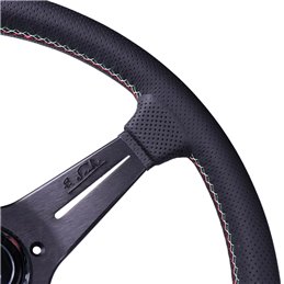Volant Nardi Deep Corn, Cuir Noir Perforé, Branches Noires, Coutures Italia, Tulipé 75mm, Ø35 cm