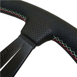 Volant Nardi Deep Corn, Cuir Noir Perforé, Branches Noires, Coutures Italia, Tulipé 75mm, Ø35 cm