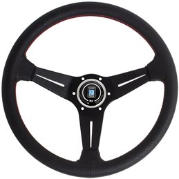 Volant Nardi Deep Corn, Cuir Noir Perforé, Branches Noires, Coutures Rouges, Tulipé 75mm, Ø35 cm