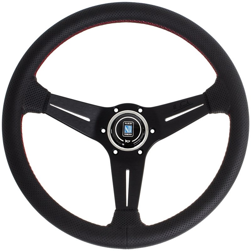 Volant Nardi Deep Corn, Cuir Noir Perforé, Branches Noires, Coutures Rouges, Tulipé 75mm, Ø35 cm