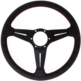 Volant Nardi Deep Corn, Cuir Noir Perforé, Branches Noires, Coutures Rouges, Tulipé 75mm, Ø35 cm