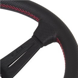 Volant Nardi Deep Corn, Cuir Noir Perforé, Branches Noires, Coutures Rouges, Tulipé 75mm, Ø35 cm