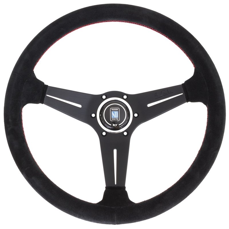 Volant Nardi Deep Corn, Cuir Noir Retourné, Branches Noires, Coutures Rouges, Tulipé 75mm, Ø35 cm